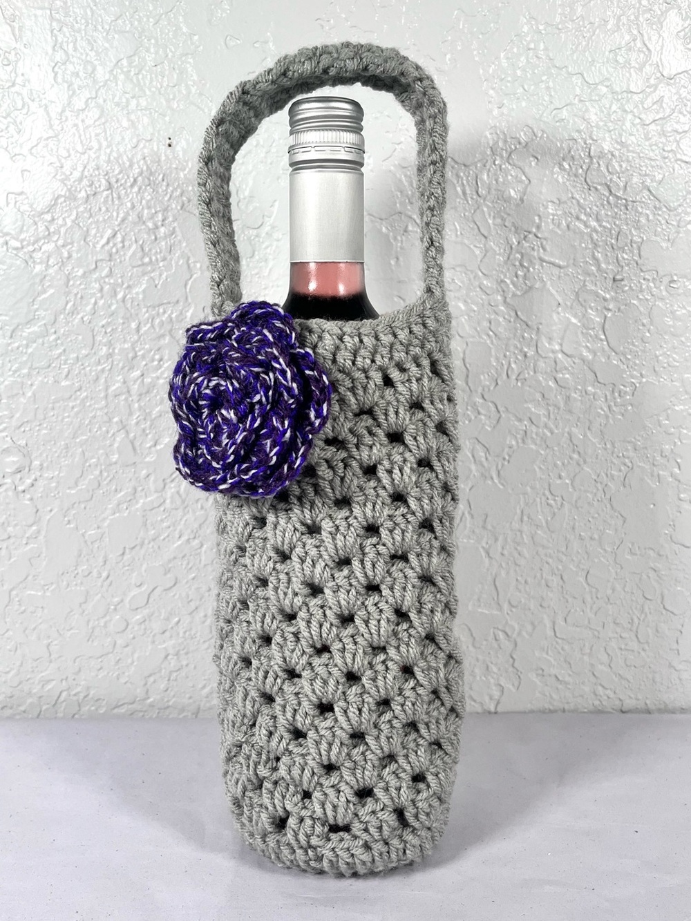 Gray Crochet Wine Bottle Carrier with Purple Flower - Picture 2 of 5